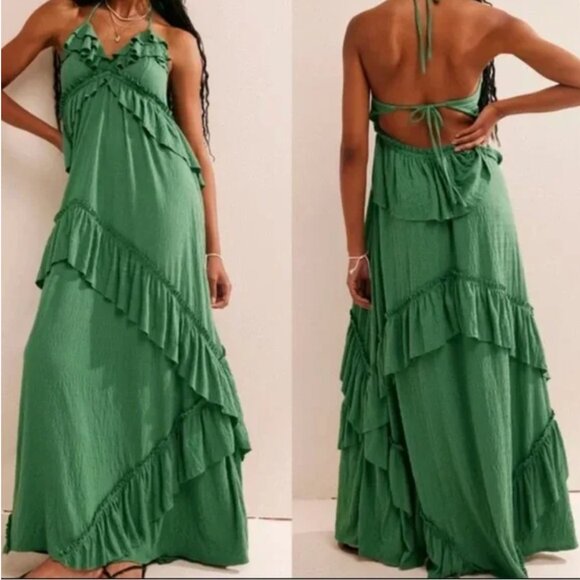 Free People FP Beach NEW Santa Luz Maxi Green Ruffle Dress Large - Picture 1 of 8